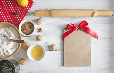 Christmas culinary background - herringbone cookies, ingredients, accessories for baking. There is a place for writing text recipe