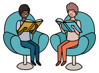men sitting in sofa with book avatar character