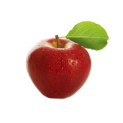 red apple with green leaf  isolated on white background