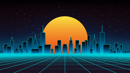 Night cityscape vector illustration. Silhouettes of urban buildings.