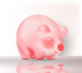Chinese 2019 Happy New Year symbol. Realistic Cute pink pig on white background with shadow and reflection. Vector illustration
