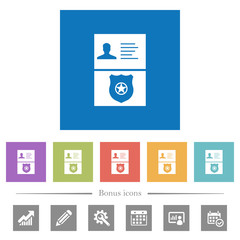 Police id and badge flat white icons in square backgrounds