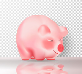 Chinese 2019 Happy New Year symbol. Realistic Cute pink pig on transparent background with shadow and reflection. Vector illustration