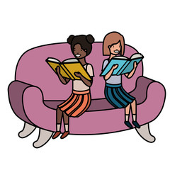 women sitting in sofa with book avatar character