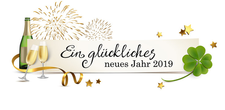 Silvester Banner mit Sekt, Kleeblatt, Feuerwerk und Sternen - Ein glückliches neues Jahr 2019