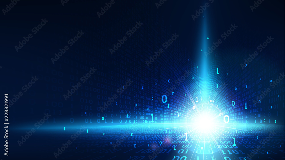 Poster binary code in abstract futuristic cyberspace, matrix shining blue background with digital code, big