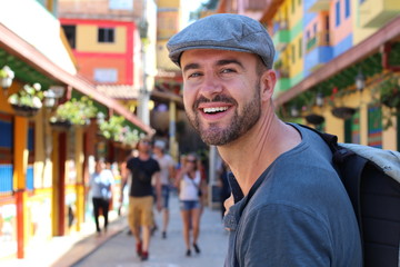 Cheerful man in a typical South American street