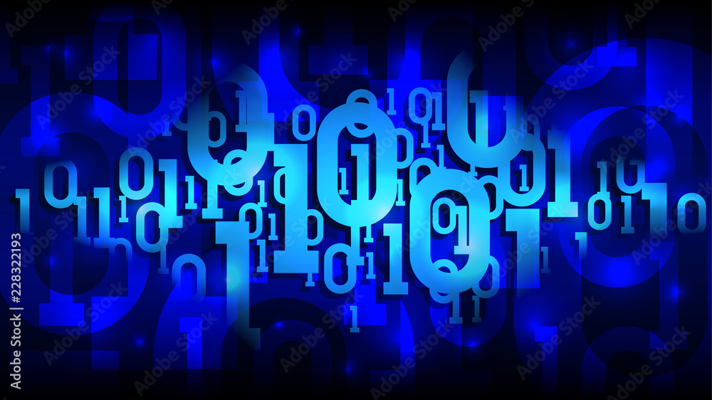 Poster matrix blue background with binary code, shadow digital code in abstract futuristic cyberspace, clou