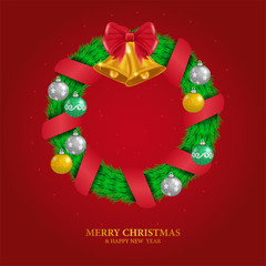 Christmas template with illustration of wreath leaves decoration with bell and ball