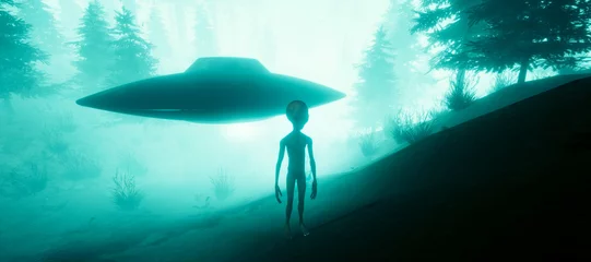Crédence de cuisine en verre imprimé UFO Illustration 3d haute résolution extrêmement détaillée et réaliste d& 39 un extraterrestre gris debout dans une forêt
