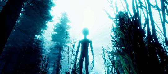 Extremely detailed and realistic high resolution 3d illustration of a Grey Alien standing in a...