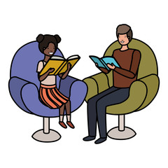 father and daughter sitting on sofa with book avatar character