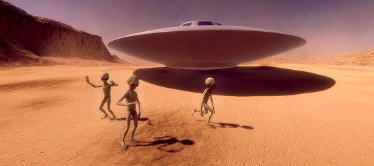 Extremely detailed and realistic high resolution 3d illustration feauturing 3 Grey Aliens on a Mars...