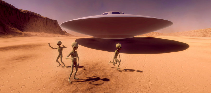 Extremely detailed and realistic high resolution 3d illustration feauturing 3 Grey Aliens on a Mars like planet