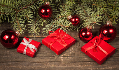 Luxury New Year gifts, different present boxes under Christmas tree in holiday eve, Christmastime celebration, home decorated with festive shiny balls, magic night