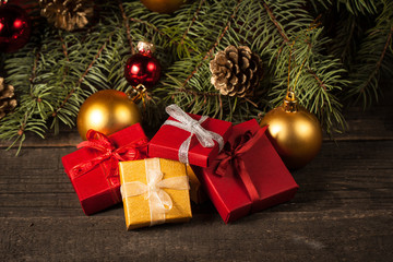 Fototapeta na wymiar Luxury New Year gifts, different present boxes under Christmas tree in holiday eve, Christmastime celebration, home decorated with festive shiny balls, magic night
