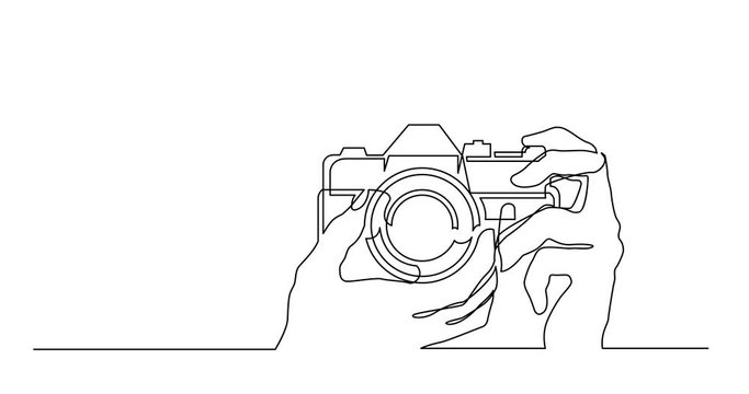Animation of continuous line drawing of hand holding photo camera making pictures