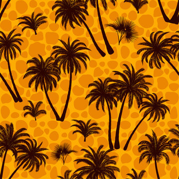 Seamless Pattern, Tropical Landscape, Palms Trees and Exotic Plants Black Silhouettes on Abstract Tile Background. Vector