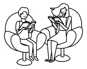 mother and son sitting on sofa with book avatar character