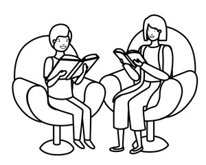 mother and son sitting on sofa with book avatar character