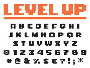 Square pixel game font perfect for headlines, titles and posters. Vector isolated symbol set.