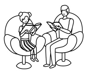 father and daughter sitting on sofa with book avatar character