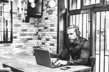 Bearded businessman have business meeting via video call