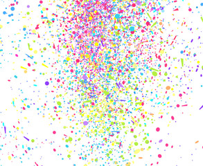 Confetti. Bright explosion. Texture with random geometric elements on isolated white. Abstract background. Pattern for design. Print for polygraphy, posters and banners. Greeting cards
