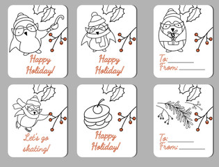 Set of six holiday tags with funy penguins