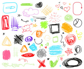 Multicolored infographic elements isolated on white. Set of different indicator signs. Hand drawn simple objects. Right and left direction pointers. Abstract circles, arrows and rectangles