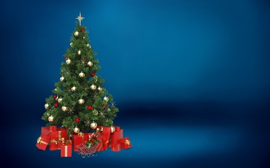 Decorated Christmas tree and gifts on  background