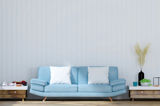 Living room with white wall and light blue sofa, 3D Rendering