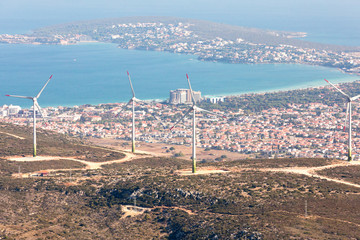 Wind mills and landscape from an helicopter.