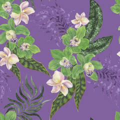 Watercolor painting seamless pattern with tropical leaves and green orchid flowers