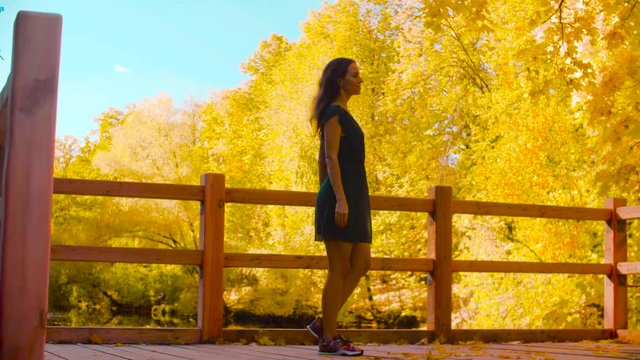 Young happy couple dancing on the bridge. Sunny day, golden autumn