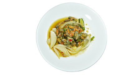 stir fried mussel with roasted chili paste on plate