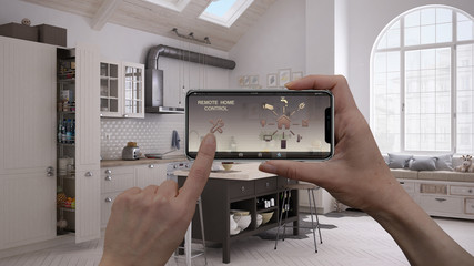 Remote home control system on a digital smart phone tablet. Device with app icons. Interior of...