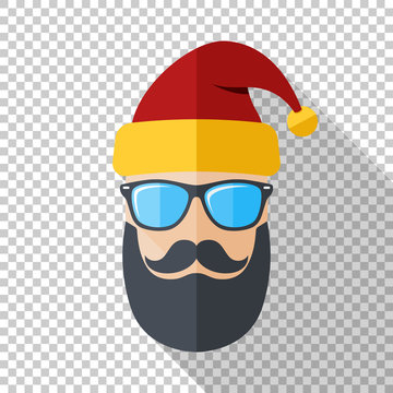 Santa Claus icon with a cool beard, mustache and glasses in flat style on transparent background