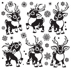 reindeer vector set. Cartoon collection of funny Christmas tiny caribou deer in different poses .Black and white  isolated illustrations for little kids 