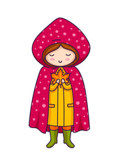 Cute little girl in pink raincoat with polka dots. Vector cartoon character.