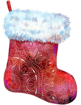 Christmas red patterned sock with white fur. Watercolor illustration. Isolated.
