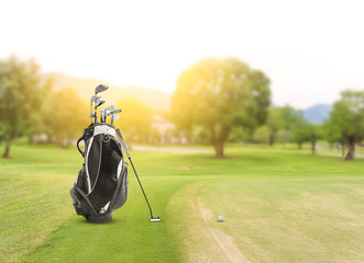 Golf equipment and golf bag , putter, ball on green and golf course as background.