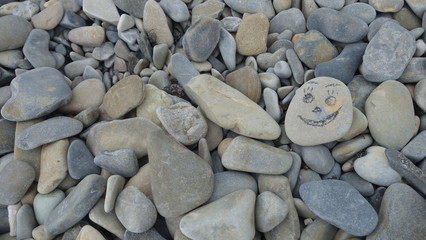 Sea stones. The face is painted on a stone. Smile