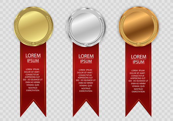 
Set of gold, bronze and silver. Winner award competition, prize medal and banner for text. Award medals isolated on transparent background. Vector illustration of winner concept.