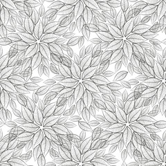 Floral seamless pattern with leaves on a white background.  Monochrome vector illustration. Sketch.