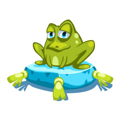 Cartoon green frog character sitting on a blue pillow