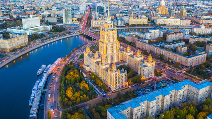 Aerial view of Moscow City with Moscow River, Russia, Moscow skyline with the historical architecture  skyscraper and Moskva River.