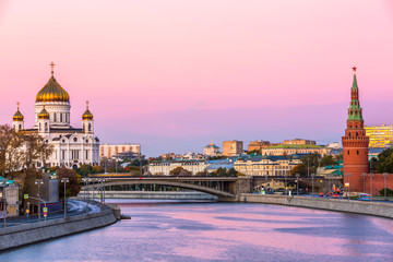 Cathedral of Christ the Savior and Moscow river at twilight in Moscow, Russia, Architecture and landmarks of Moscow. - obrazy, fototapety, plakaty