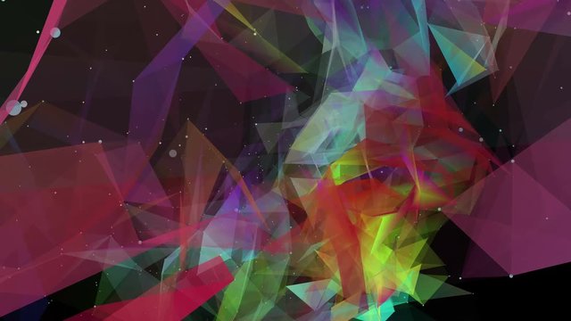 Multicolored animated particles on black space. abstract futuristic composition. 3d rendering