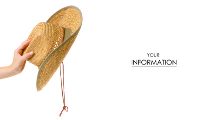 Straw hat in hand pattern on white background isolation